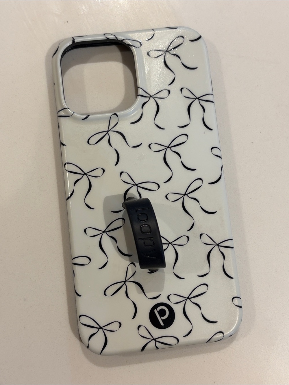 Black Bow Pattern Phone Case with Loop Grip - White/Black iPhone 13 Pro Max